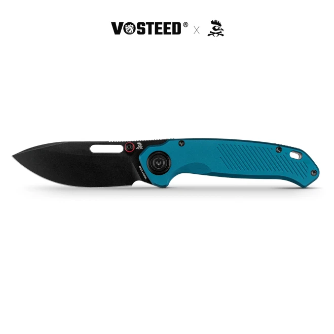 Vosteed Zander Folding Knife Steel Blue Aluminum Handle S35VN Modified Drop Point Plain Edge Black Stonewash Finish A4603