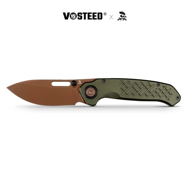 Vosteed Zander Folding Knife Olive Green Aluminum Handle S35VN Modified Drop Point Plain Edge Copper Dune Finish A4604