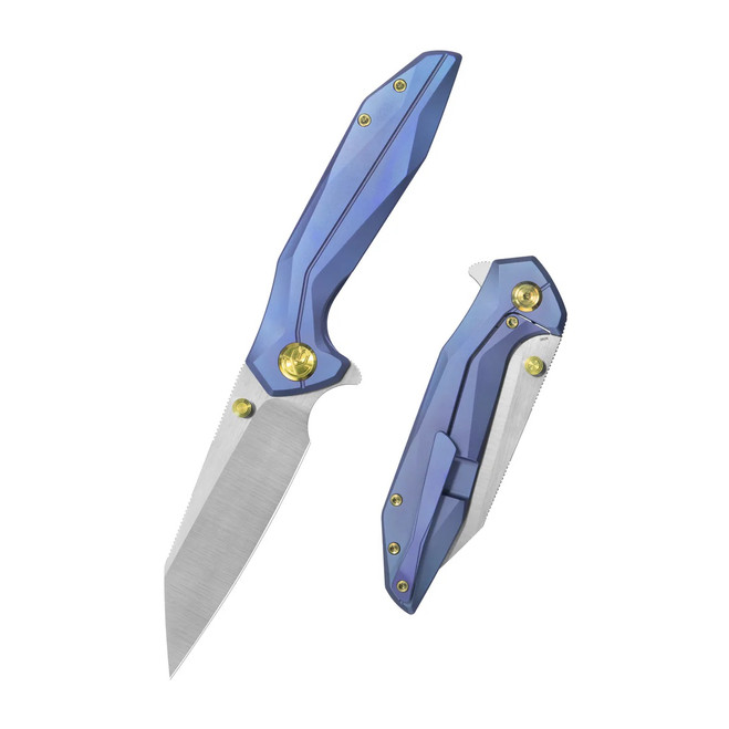 KB Nova Folding Knife Blurple Titanium Handle M390 Reverse Tanto Plain Edge Belt Satin Finish KB495C