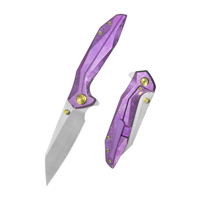 KB Nova Folding Knife Purple Crystallized Titanium Handle M390 Reverse Tanto Plain Edge Belt Satin Finish KB495F