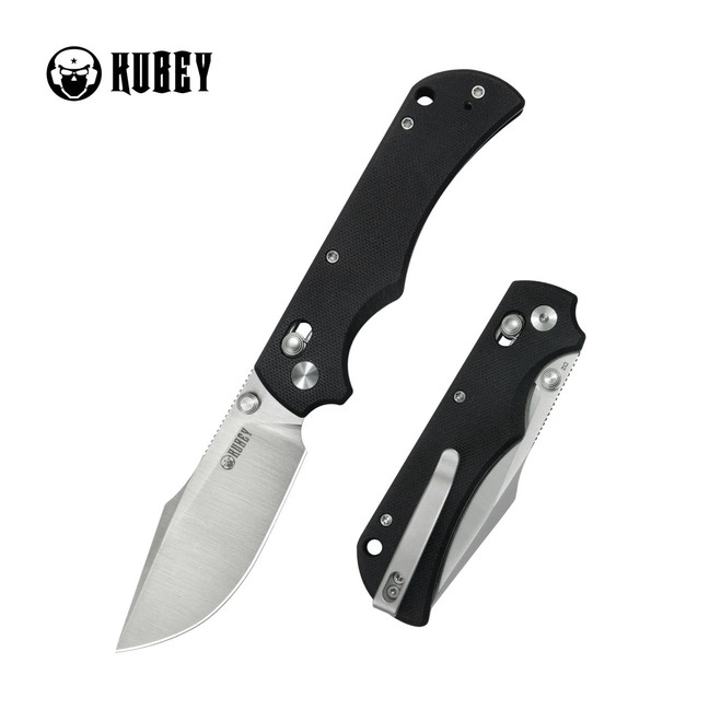 Kubey Iguana Folding Knife Black G10 Handle D2 Drop Point Plain Edge Satin Finish KU503A