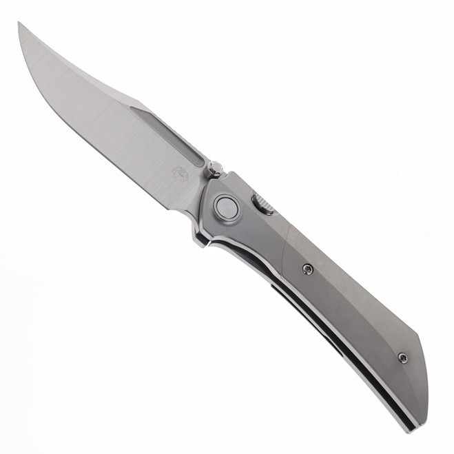 Gecko Dune Folding Knife Stonewash Titanium Handle M390 Bowie Plain Edge Belt Satin Finish GCKW-Dune-A4 (pre-order)