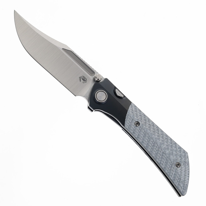 Gecko Dune Folding Knife Silver Twill Carbon Fiber Handle M390 Bowie Plain Edge Belt Satin Finish GCKW-Dune-A8  (pre-order)