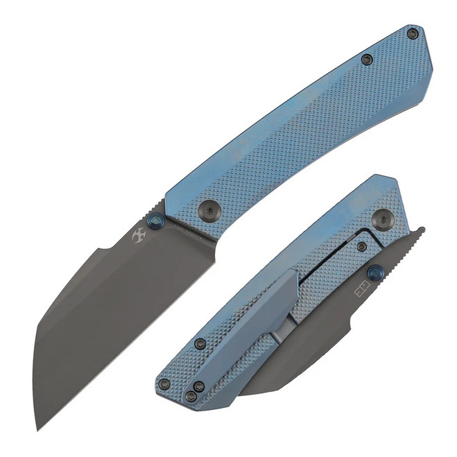Kansept Contra Folding Knife Blue Titanium Handle S90V Sheepsfoot Plain Edge  Gray TiCN Coated Finish K1139A3