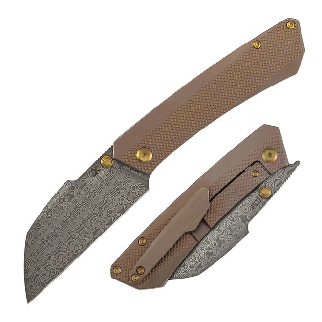 Kansept Contra Folding Knife Bronze Titanium Handle Damascus Sheepsfoot Plain Edge K1139A4
