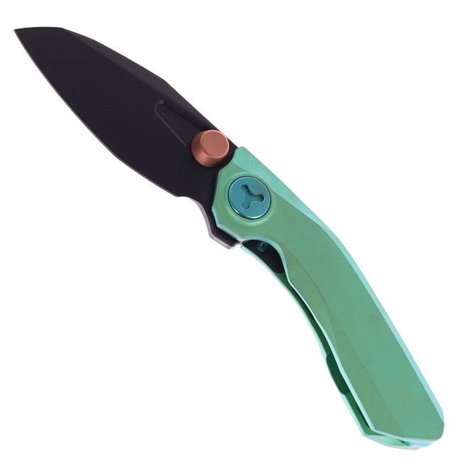 Reate Knives VK-FROK Folding Knife Green Titanium Handle 3.2" Black DLC Elmax Blade