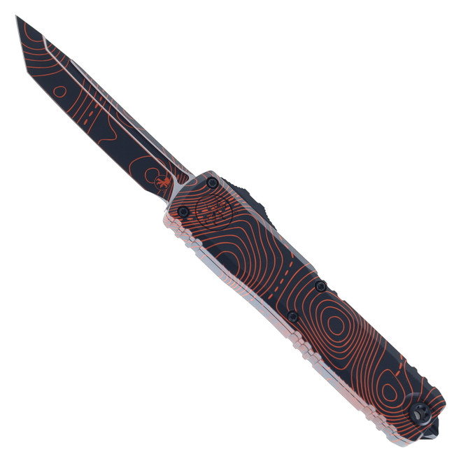 Microtech Ultratech Gen IV OTF Automatic Knife Topographic Black/Orange Camo Aluminum Handle T/E M390MK Blade 11234-1TPBKORCS