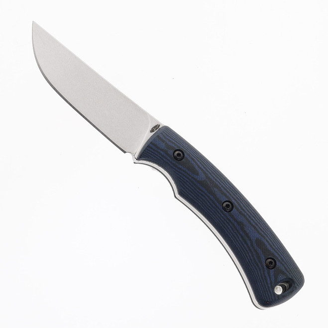 Three Rivers TagAlong Fixed Blade MagnaCut Blade Black and Blue Richlite Handle Taco Leather Sheath