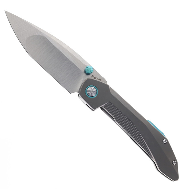 Ketuo Folding Knife Stabitha Titanium/Green Accents Handle M390 Drop Point Plain Edge Satin Finish