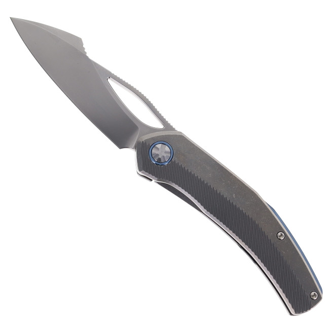 Ketuo Folding Knife Slashly Titanium/Blue Accents Handle M390 Drop Point Plain Edge Bead Blast Finish