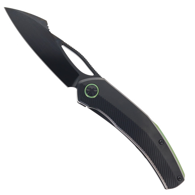 Ketuo Slashly Folding Knife DLC Titanium/Green Accents Handle M390 Plain Edge DLC Finish