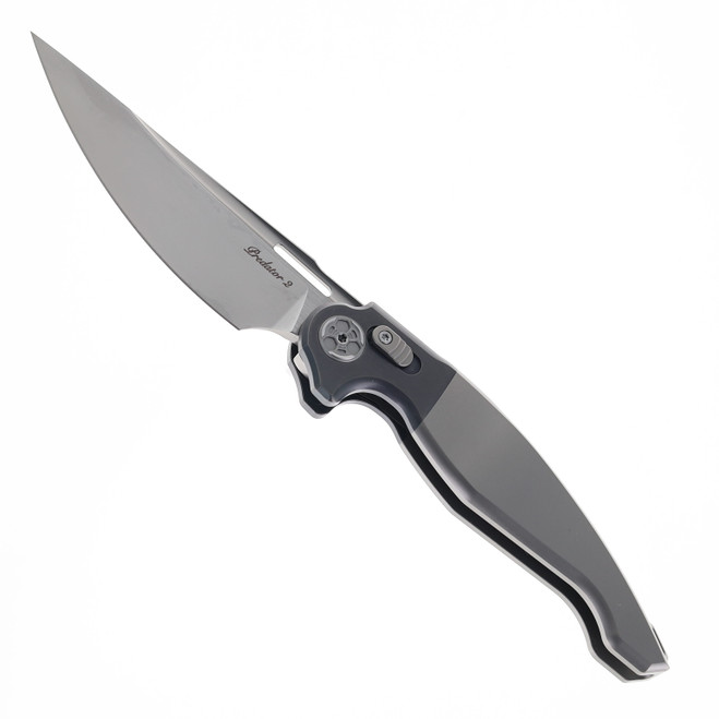 Rike Predator 2 Folding Knife Two Tone Gray Titanium Handle M390 Drop Point Plain Edge Satin Finish