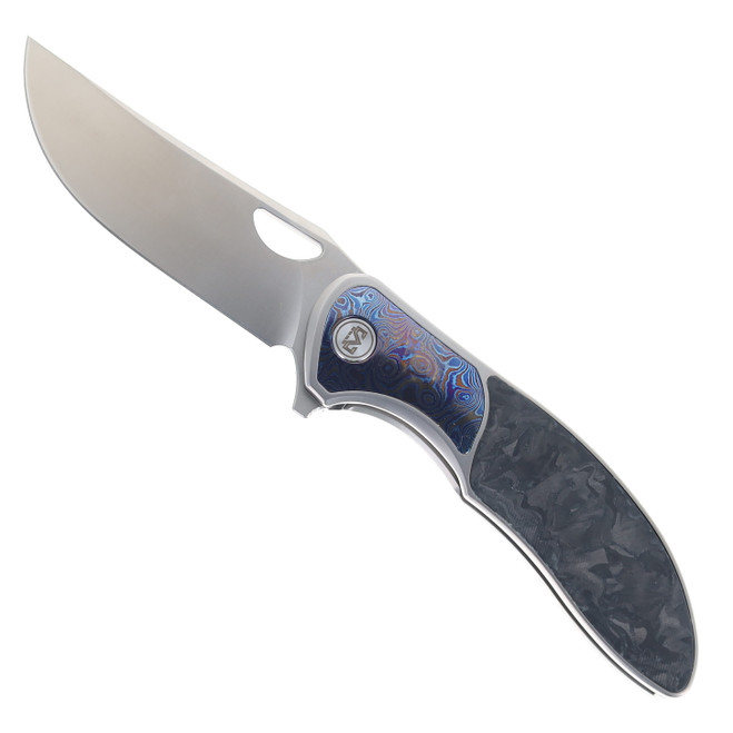 (No Pocket Clip) Miguron Dromos Folding Knife Timascus Carbon Fiber/Titanium Handle M390 Plain Edge MGR-611MABK