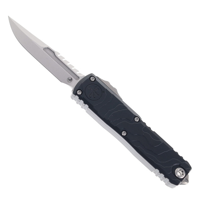 Microtech UTX-85 Gen IV OTF Automatic Knife Black Topographic Deep Aluminum Engraved Handle M390MK Stonewashed Blade 12354TP-10S