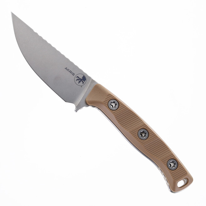 Microtech Akris Fixed Blade Dark Earth G10 Handle Stonewash M390MK Blade Leather Sheath 95-10DE-1