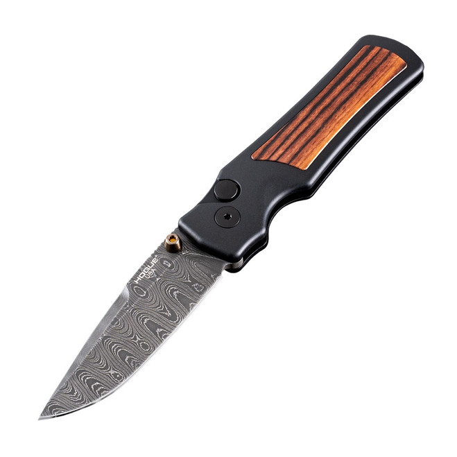 Hogue Saxum Button Lock Folding Knife Drop Point Damascus Blade Matte Black Aluminum Frame with Carbon Fiber Inserts 24690-LIM