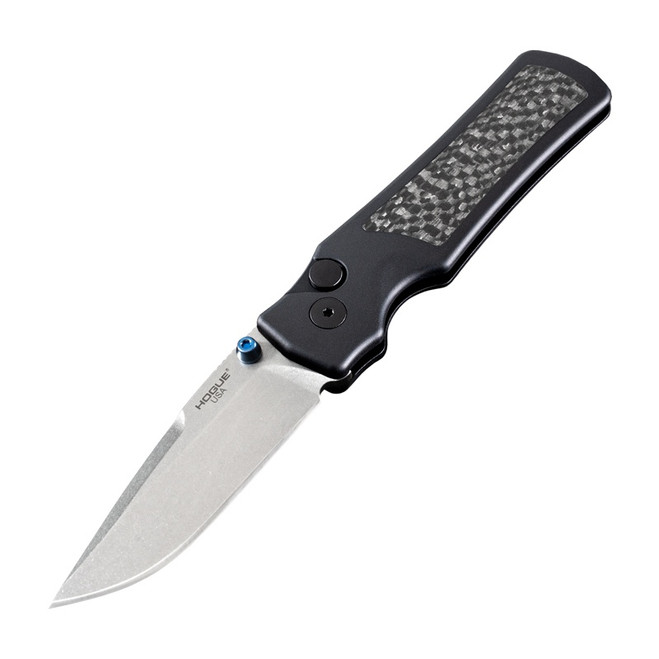 Hogue Saxum Button Lock Folding Knife Drop Point MagnaMax Blade Matte Black Aluminum Frame with Carbon Fiber Inserts 24691-LIM