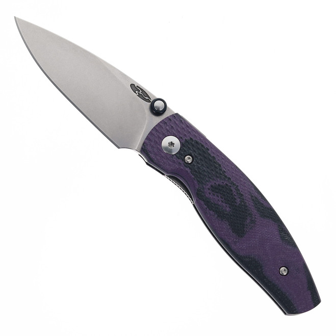 TRM Neutron 2 Folding Knife Concord Grape Burl G10 3D Lizard Skin Handle Drop Point Plain Edge Stonewash Finish