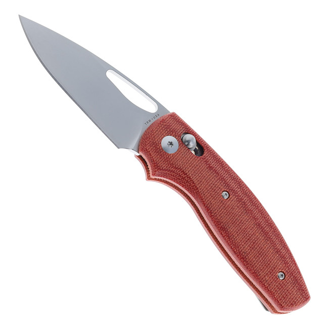 TRM Bulldog Rev B Folding Knife Autumn Orange Micarta 3D Lizard Skin Handle MagnaCut Drop Point Plain Edge Tumbled Finish