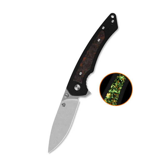 QSP Peregrine Folding Knife Black G10/Glow in the Dark Orange Shredded Carbon Fiber Handle 10Cr15MoV Plain Edge Stonewash Finish QS177-B1