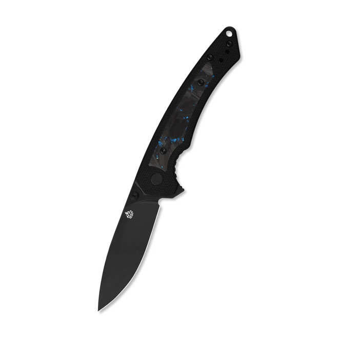 QSP Peregrine Folding Knife Blue Shredded Carbon Fiber/Black G10 Handle 10Cr15MoV Clip Point Plain Edge Blackwash Finish QS177-C2