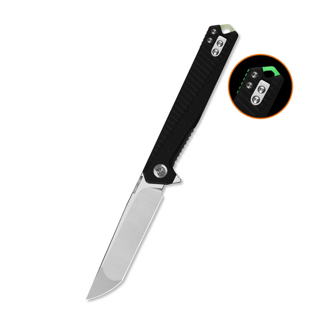 QSP Mantis Folding Knife Black G10 Handle Nitro-V Clip Point Plain Edge Satin Finish QS176-A1