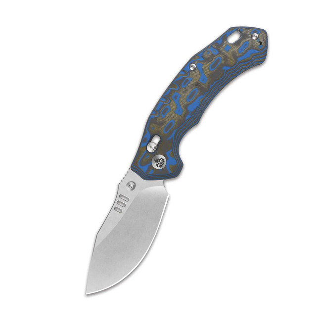 QSP Elk Folding Knife Blue Texture Micarta Handle 14C28N Drop Point Plain Edge Stonewash Finish QS173-B1