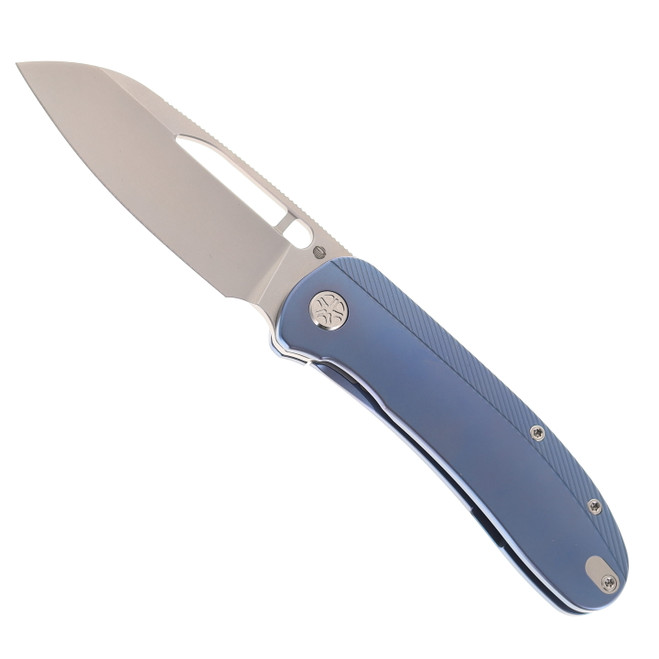 Tempest Knives Mach71 Folding Knife Blue Anodized Titanium Handle S90V Modified Sheepsfoot Plain Edge Stonewash Finish