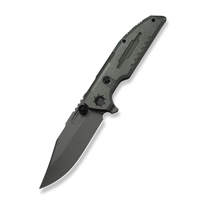 WE Knife Muster Folding Knife Olive Gray Titanium Handle M390 Clip Point Plain Edge Gray Stonewash Finish Limited Edition WE23058-2