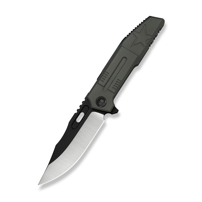 (Pre-Order ships 7-27) WE Knife Barracks Folding Knife Dark Olive Titanium Handle M390 Clip Point Plain Edge Hand Polished Satin Black Stonewash Flat Blade WE2507