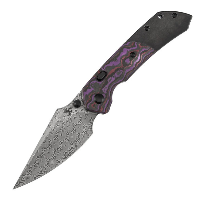 Kansept Fenrir Folding Knife Purple Haze FatCarbon/Titanium Handle 3.40" Damascus Harpoon Blade K1034H3