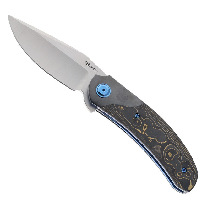 Reate TF-4 Folding Knife Zirconium Bolster & Gold Camo FatCarbon Handle 3.4" Satin M398 Blade