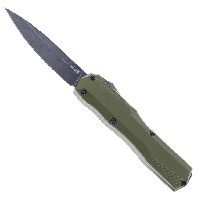 Kershaw Livewire OTF Automatic Knife Olive Green Aluminum Handle MagnaCut Blackwashed Spear Point Blade 9000OLBW