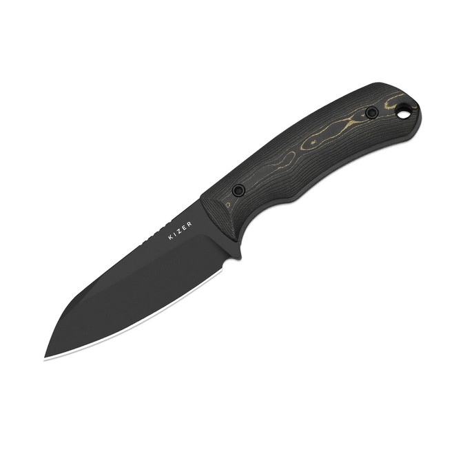 Kizer Field Mouse Fixed Blade Knife Gold Camo FatCarbon Handle 3V Plain Edge Black Coated Finish 1135A1