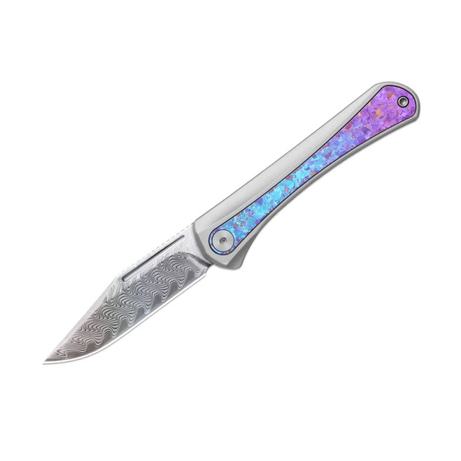 Kizer Melody Folding Knife Silver Aluminum/Crystallized Titanium Handle Rainbow Damascus Plain Edge Acid Wash Finish KI3732A1