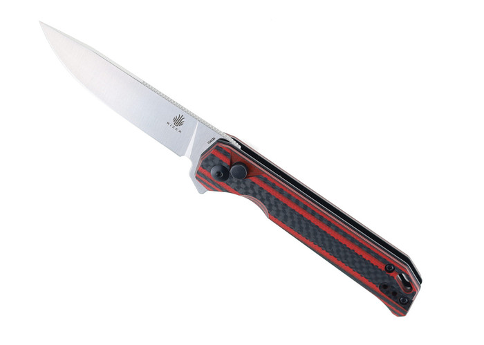 Discontinued WMK Exclusive Kizer Begleiter 2.0 Button Lock Flipper Knife Black & Red Carbon Fiber Handle 154CM Satin Plain V4458.2BE1
