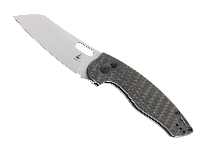 Discontinued WMK Exclusive Kizer Towser K Thumb Hole Button Lock Folding Knife Chocolate Glacier Richlite Handle 3V Sheepsfoot Plain Edge Satin Finish V4593E3