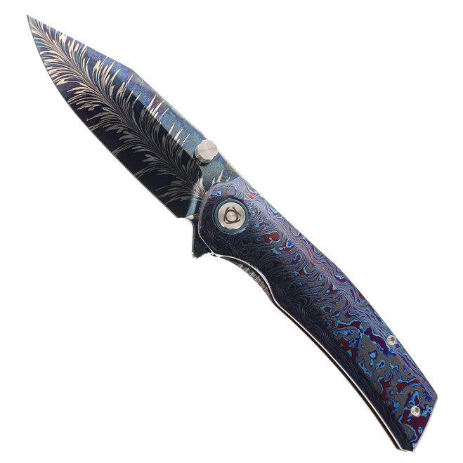 SixLeaf Folding Knife Zirconium Damascus Handle Feather Pattern Damascus Plain Edge SL-106-Zircuti