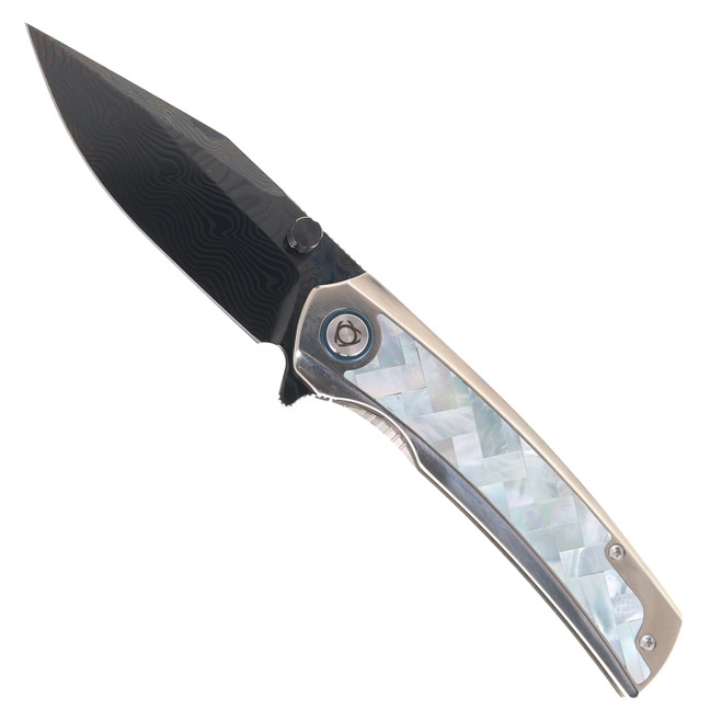 SixLeaf Folding Knife Titanium/Mother of Pearl Handle Damascus Plain Edge DLC Finish SL-104-Damascus-DLC-Shell