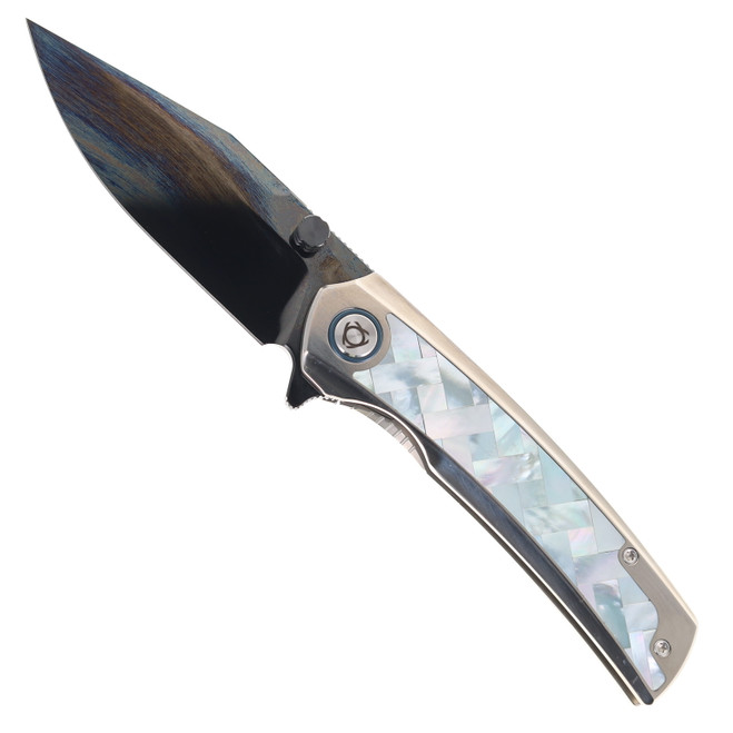 SixLeaf Folding Knife Titanium/Mother of Pearl Handle M390 Plain Edge Black DLC Finish SL-104-M390-DLC-Shell