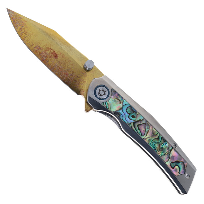 SixLeaf Folding Knife Multicolor Titanium/Mother of Pearl Handle M390 Plain Edge Gold Dragon Scale Pattern Blade SL-106-Gold-3
