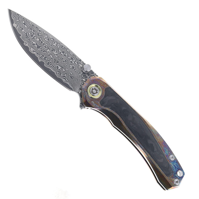 SixLeaf Folding Knife Lightning Titanium/Black Carbon Fiber Handle Damascus Plain Edge SL-107-Lightning-Pattern-Black