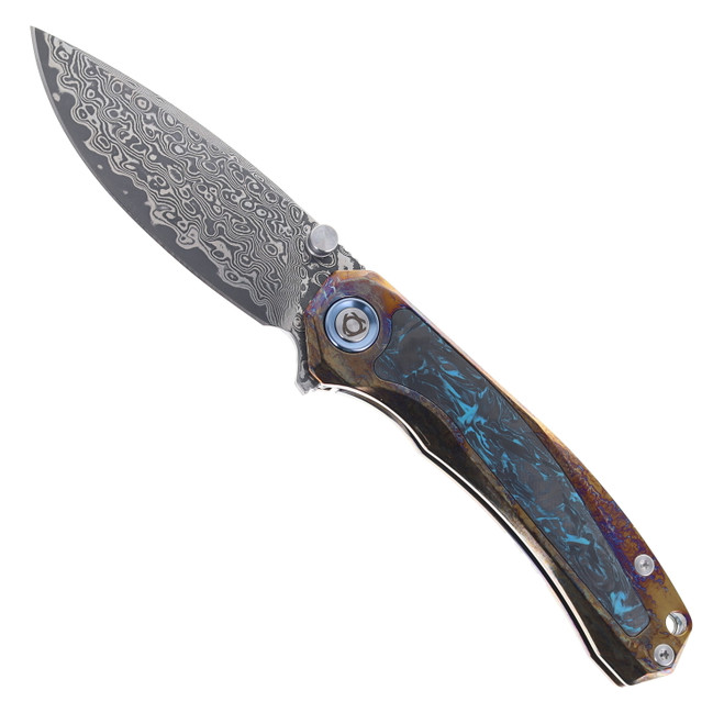 SixLeaf Folding Knife Lightning Blue Titanium/Carbon Fiber Handle Damascus Plain Edge