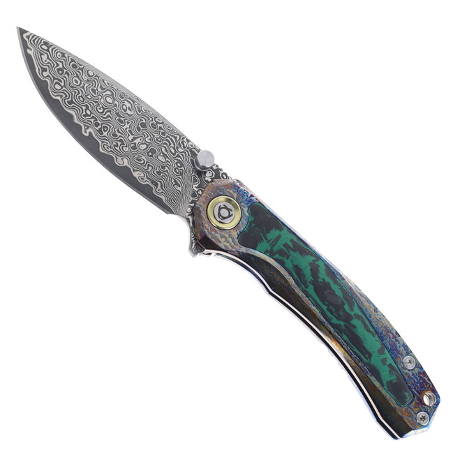 SixLeaf Folding Knife Lightning Green Titanium/Carbon Fiber Handle Damascus Plain Edge SL-107-Lightning-Pattern-Green