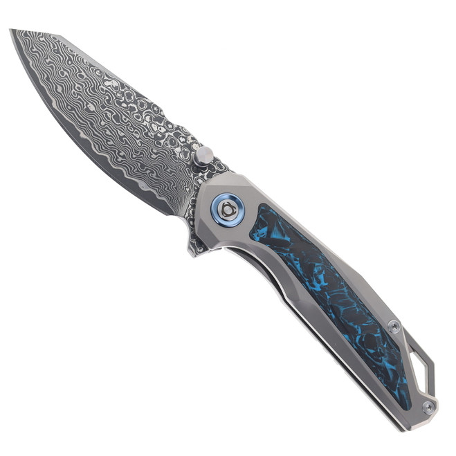 SixLeaf Folding Knife Blue Titanium/Carbon Fiber Handle Damascus Plain Edge SL-108-CF-Blue