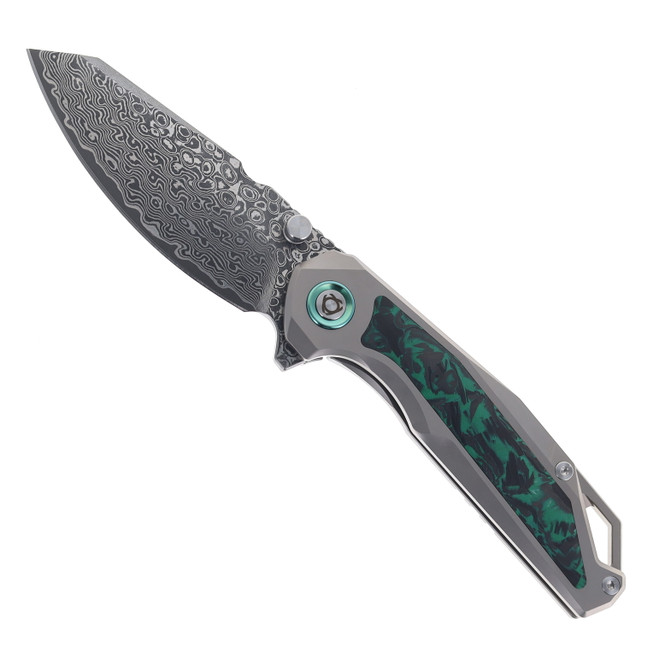 SixLeaf Folding Knife Green Titanium/Carbon Fiber Handle Damascus Plain Edge SL-108-CF-Green