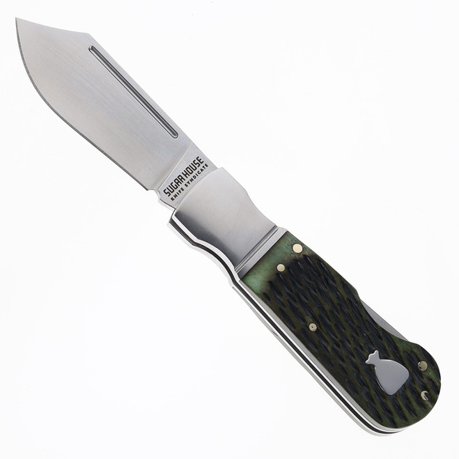 Finch Sugar House Pretty Boy Greenbacks Folding Knife Olive Jigged Bone Handle 14C28N Clip Point Plain Edge Satin Finish