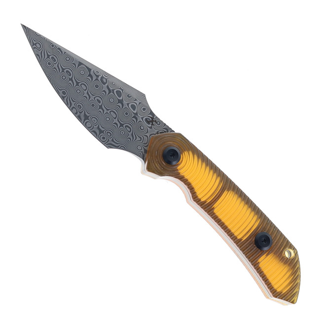 Kansept Fenrir Fixed Blade Knife Amber PEI Handle Damascus Harpoon Plain Edge KG3034A1