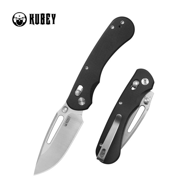 Kubey Stalker Folding Knife Black G10 Handle D2 Drop Point Plain Edge Satin Finish KU504A