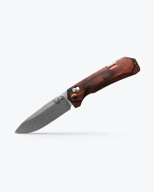 Benchmade Grizzly Creek Axis Lock Folding Knife Stabilized Wood Handle with Folding Gut Hook S30V Drop Point Satin Blade 15062